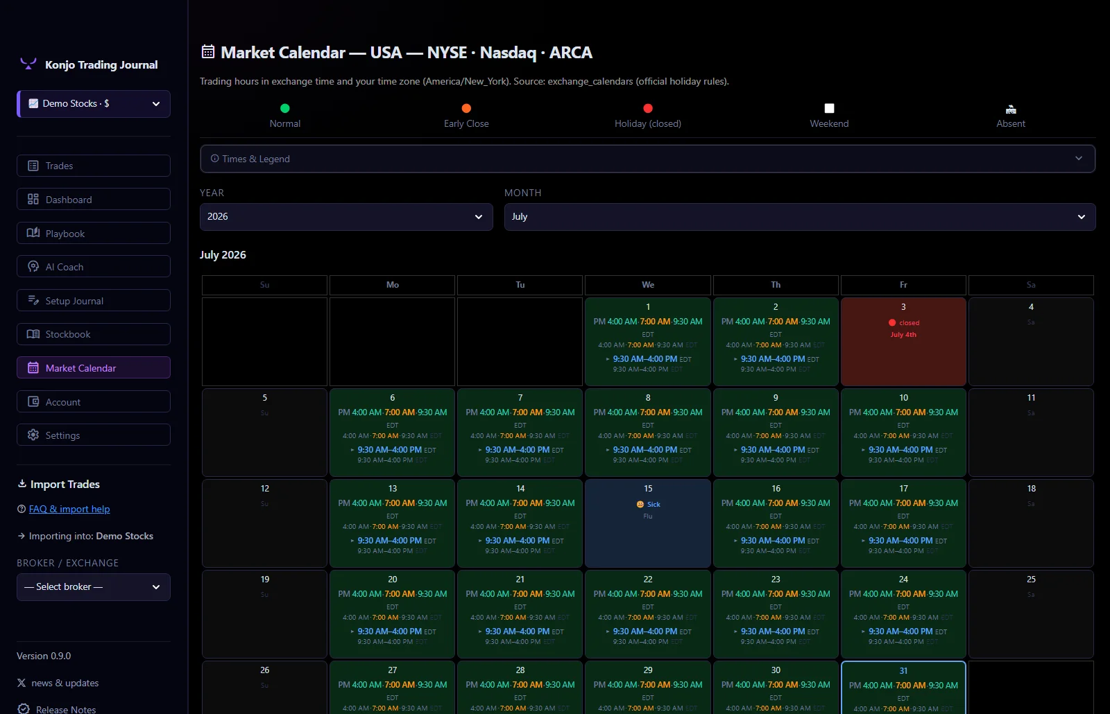 Market calendar showing NYSE sessions, holidays and half-days