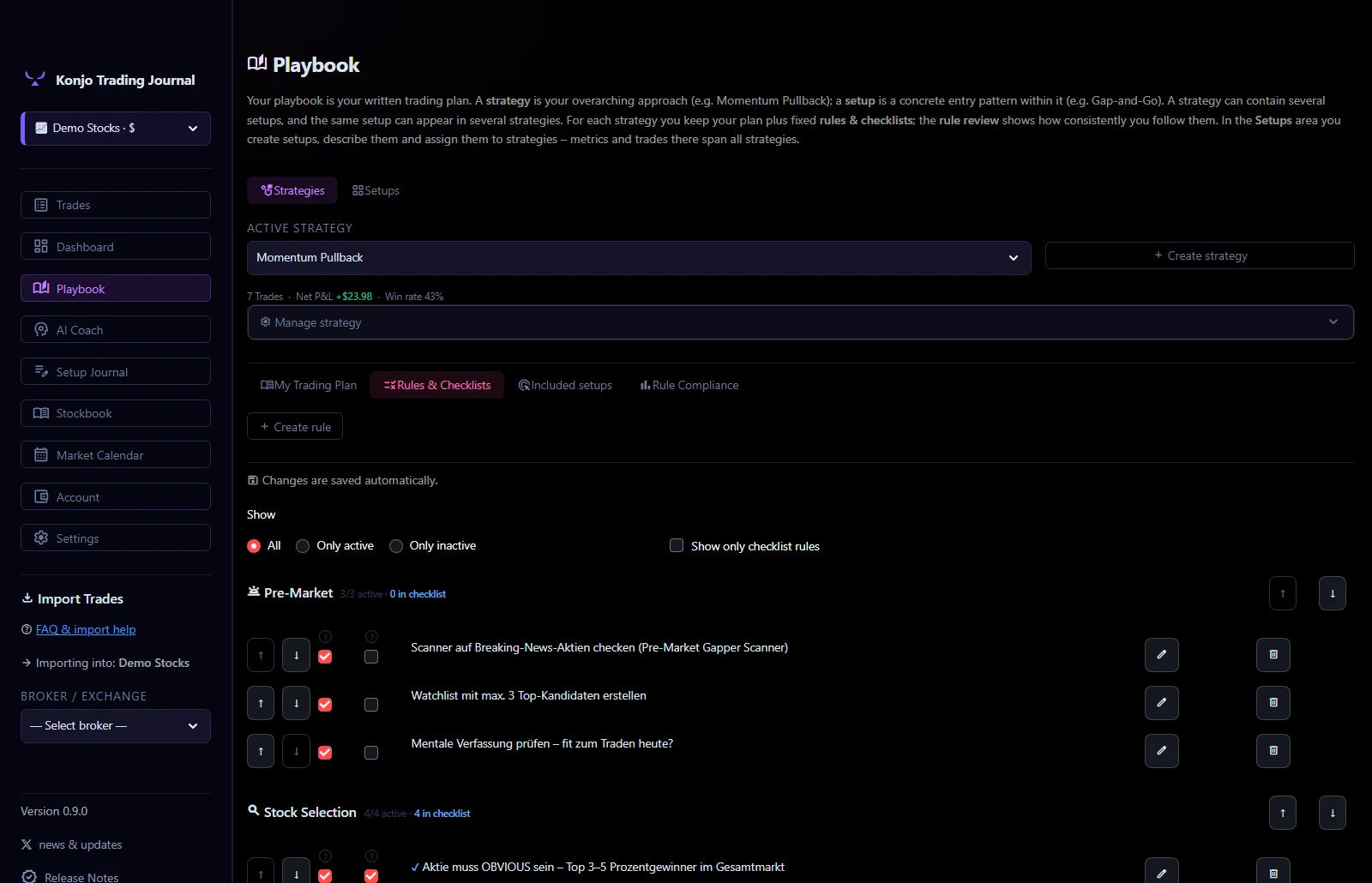 Editable trading rules grouped by category, with checklist toggles