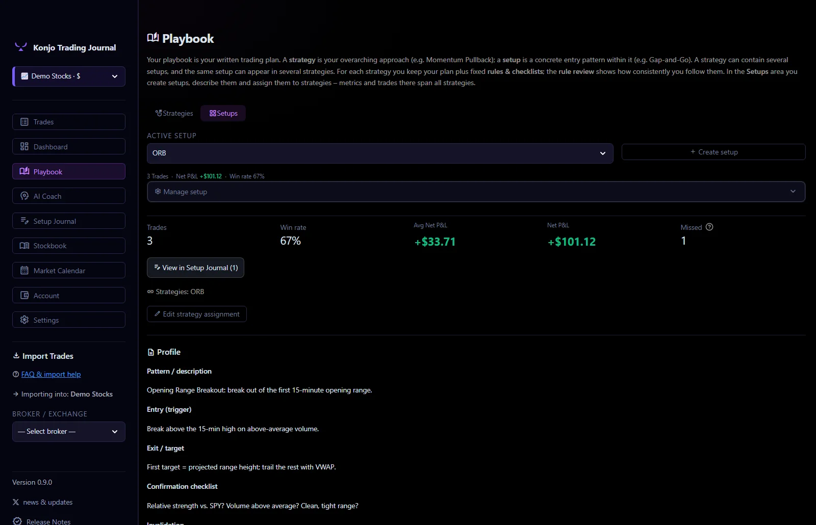 Setup profiles in the playbook — pattern, entry, exit, invalidation and live stats