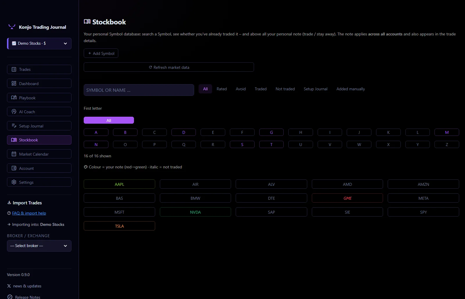 Stockbook — searchable symbol list with personal 1–5 markers and not-traded badges