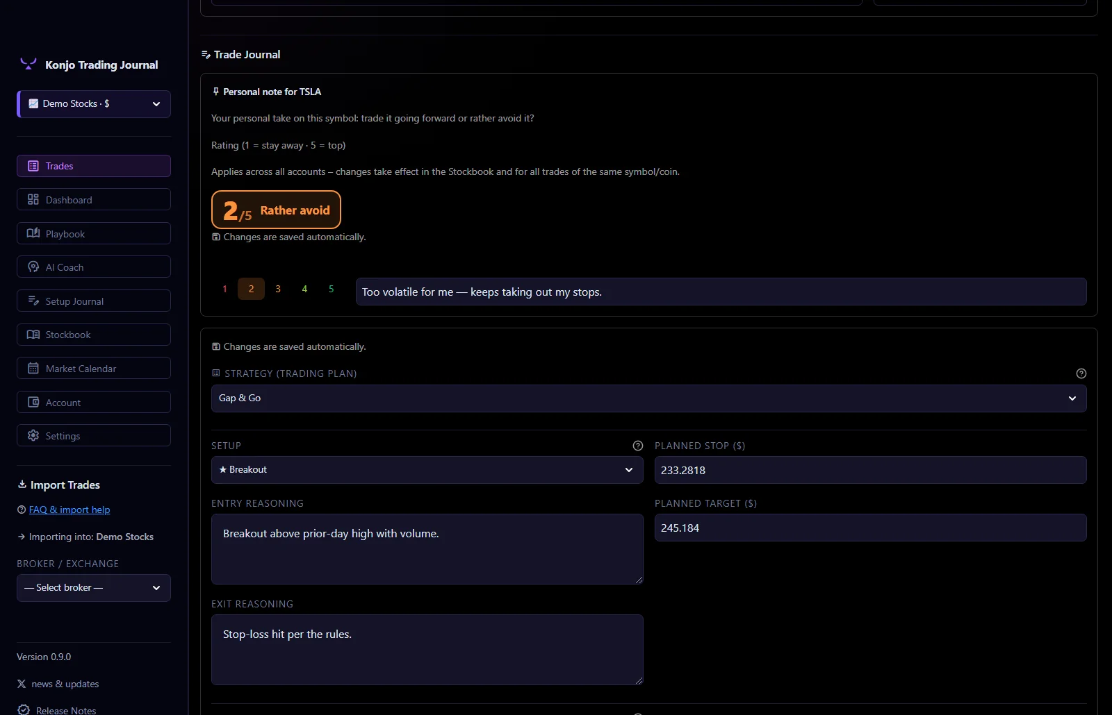 Trade journal form — setup, reasoning, mood, lessons and self-rating