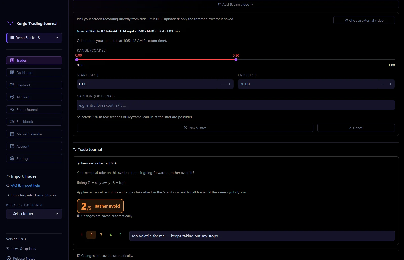 Attach a screen recording to a trade and trim it losslessly to the key moment